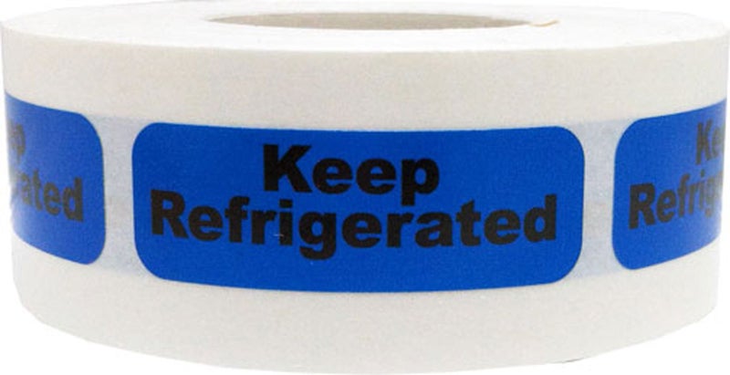 Blue with Black Keep Refrigerated Stickers â€“ 0.5 x 1.5 Inch Adhesive Labels, 500 Total Stickers Per Roll for Medical Supplies, Food Storage, Shipping, and Inventory â€“ Made in The USA